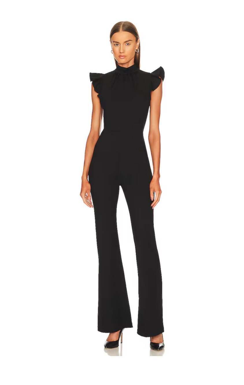 Amanda Uprichard Black Davina Mock Neck Ruffle Sleeve Wide Leg Jumpsuit Size XS